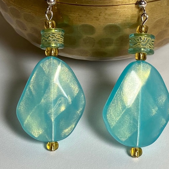 Handmade Earrings - Blue and Gold Beaded Dangle - Picture 3 of 7